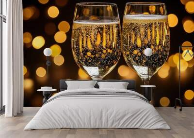 Two glasses of sparkling beverage against a backdrop of warm bokeh lights, perfect for celebrations or special occasions Wall mural