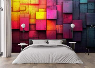 Vibrant geometric patterns of pink, orange, and purple shapes on a textured background create a striking visual display Wall mural