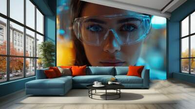 Young scientist experimenting in a laboratory, focused on her work with glass containers during early evening Wall mural