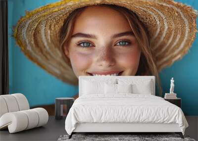 Young woman with bright blue eyes and a straw hat smiles warmly against a vibrant turquoise background during a sunny day Wall mural