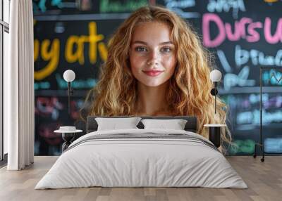 Young woman with curly hair smiling in front of a colorful chalkboard filled with creative words and drawings in a bright classroom setting Wall mural