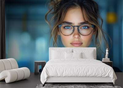 Young woman with glasses poses confidently in a softly lit interior space, showcasing her bright blue eyes and natural beauty Wall mural