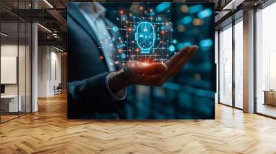 businessman holding in hands AI icon with holographic effects and glowing light, digital marketing, social media management, business growth, artificial intelligence Wall mural