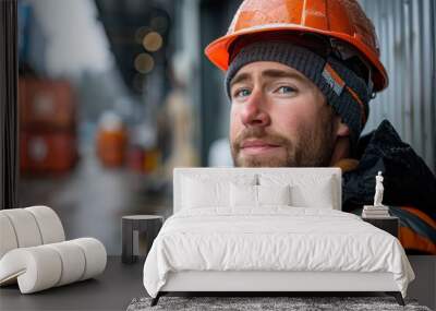 caucasian man worker with safety vest and hard hat, closeup Wall mural