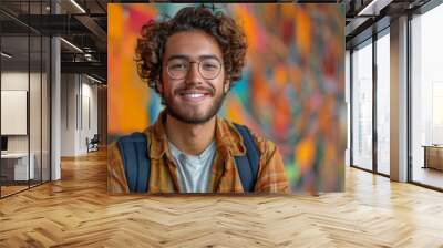 closeup of creative smiling student with curly hair and glasses on colorful background Wall mural