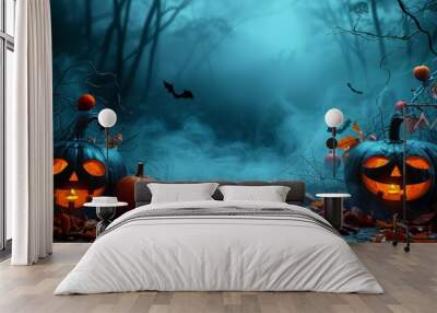 Halloween background, dark street with pumpkins, copy space, horror Wall mural