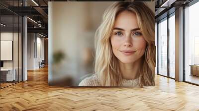 minimalistic portrait of beautiful blonde caucasian woman in beige sweater, closeup, natural beauty Wall mural