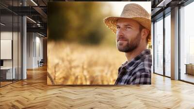 smiling farmer caucasian man in plaid shirt with hat on wheat field background, copy space, closeup Wall mural