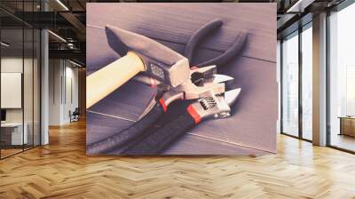 Working tools on wooden rustic background. top view. Wall mural