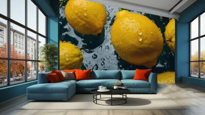 Colorful yellow lemon falling into water Wall mural