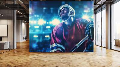 Man wearing Hockey uniform holding hockey stick, detailed face, with beautiful face, waist-high shot photography, themed background, Daylight Photography, in direct angle view, cinematic and p Wall mural