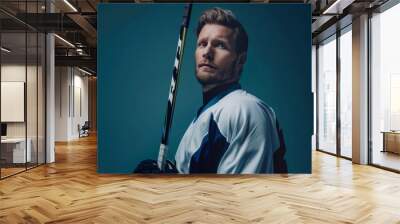 Man wearing Hockey uniform holding hockey stick, detailed face, with beautiful face, waist-high shot photography, themed background, Daylight Photography, in direct angle view, cinematic and p Wall mural