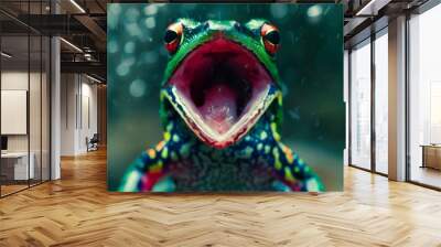 Medium shot of Colorful photo of frog with wide opened mouth, themed background, bright tonality.   Wall mural