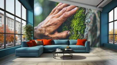 Medium shot of Photo of a A close-up shot of a hand touching moss-covered tree bark, symbolizing connection with nature in an eco-friendly setting.  Wall mural