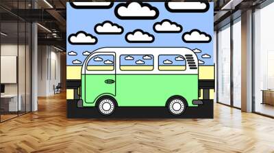 minimalistic drawing of a hippie van that eats on the road Wall mural