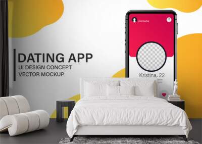 Mobile dating app concept. Phone mockup for mobile application. Colorful advertisement illustration. Wall mural