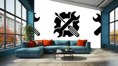 Service and repair icons. Vector black logos with crossed tools. Wall mural