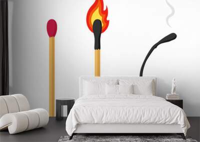 Unlit, Burning and Burnt Match. Set of matchsticks isolated on a white background. Vector illustration. Wall mural