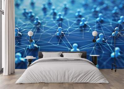 abstract geometric background with many people icons. blue background visualizing social networks or the Internet web. 3d rendering Wall mural