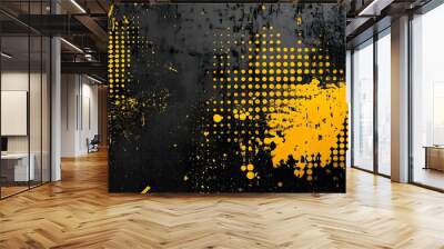 yellow spots, splashes and dotted paint marks on a black background. grunge texture of old background Wall mural