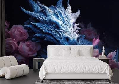 A blue dragon with flowers on it, in the style of fantasy realism. Generative AI. Wall mural