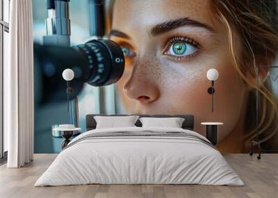 An ophthalmologist checks his eyesight with the help of modern equipment. Doctor's Day. Wall mural