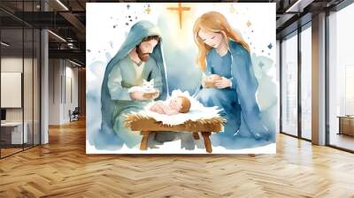 Christmas nativity scene with the holy family. Watercolor illustration. Wall mural