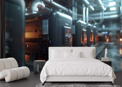 industrial pipes and valves in a large room Wall mural