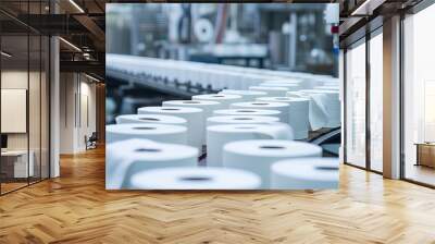 Production of toilet paper at the factory. Conveyor belt with products, new technology. Wall mural