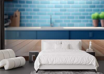 Wooden countertop on the background of a blue kitchen. Sunny warm morning time. Wall mural