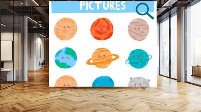 Education game for children find two same pictures cute cartoon solar system planet Wall mural