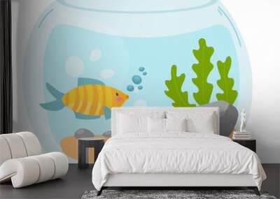 Vector aquarium golden fish silhouette illustration with water, seaweed and bubbles. Colorful cartoon flat aquarium marine pet for your design Wall mural