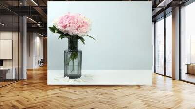 Floral composition with peony flowers in a vase on a gray background, summer banner, greeting card for wedding, holiday, birthday, template for design, selective focus Wall mural