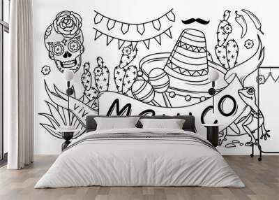 Mexico coloring book for adults. The elements are isolated. Vector illustration in the outline style Wall mural