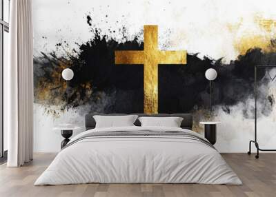 Abstract Christian background with golden cross and black and gold paint stains  Wall mural