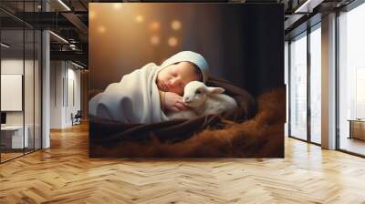 Christmas card. Baby Jesus Christ with a lamb. The nativity scene. Christian Religious background Wall mural