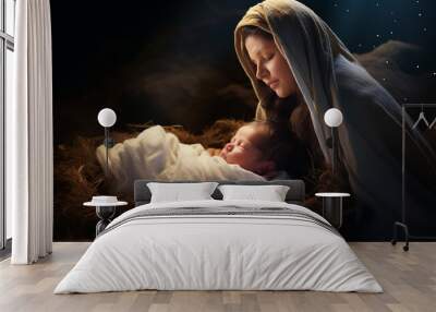 Christmas. Jesus Christ in the manger, the Virgin Mary. Christian Christmas illustration, banner, background. Wall mural