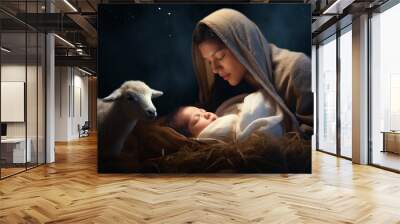 Christmas. The Virgin Mary with the newborn Jesus Christ in a manger in a cave with a lamb. The nativity scene. Christian religious illustration, background, banner Wall mural