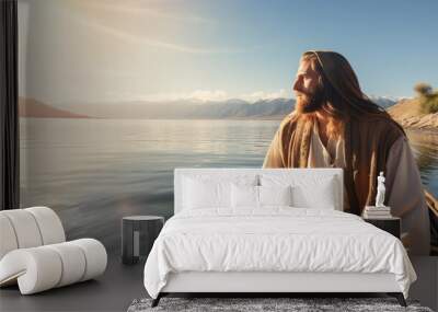 Jesus Christ is sitting in a boat in the middle of the lake. Christian religious background, banner. Wall mural