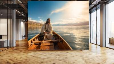 Jesus Christ is sitting in a boat in the middle of the lake. Christian religious background, banner. Wall mural