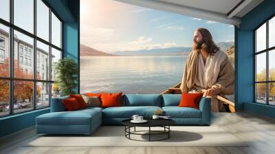 Jesus Christ is sitting in a boat in the middle of the lake. Christian religious background, banner. Wall mural