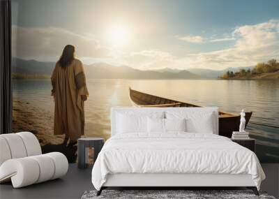 Jesus Christ on the shore of the lake with a boat. The preaching of Christ. Christian religious background, banner. Biblical Illustration Wall mural