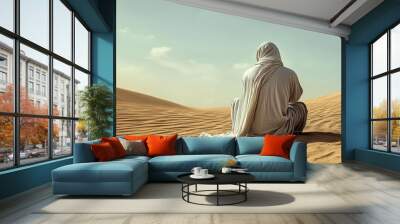 Jesus Christ Praying. Judean Desert, Lonely Man, Apostle, Sitting. Christian Background, Banner Wall mural