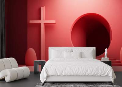 Minimalist Easter background with cross. Abstract Christian 3D symbols Wall mural