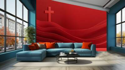 Minimalist Easter background with cross. Abstract Christian 3D symbols Wall mural