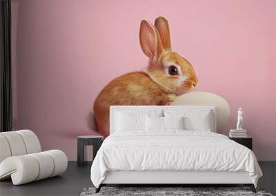 Rabbit with egg on plain pink background. Easter card Wall mural