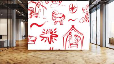 Seamless Christmas pattern, background with red graphics from nativity scenes. For festive Christmas publications, products, prints. Christian religious design Wall mural