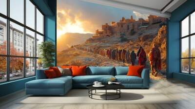 The apostles are going to preach in the Judean desert. Men walk along a sandy landscape near an ancient city. Bible times Wall mural