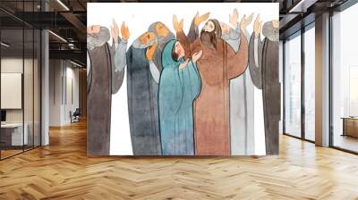 Watercolor hand drawn illustration of praying people, apostles in prayer, thanksgiving to the Lord. Decorative border for the background of Christian publications, the design of banners, cards, sites Wall mural