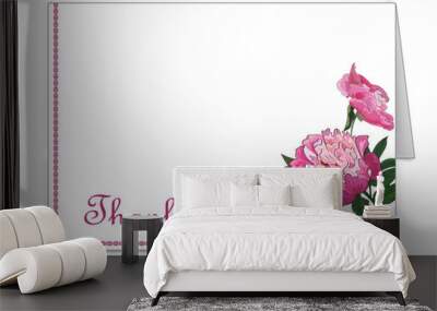 Horizontal card with peony flowers. Invitation, congratulations, attention signs. Vector Wall mural